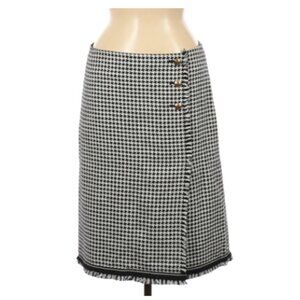 Talbots Faux Wrap Frayed Hem Houndstooth Skirt in Black and White